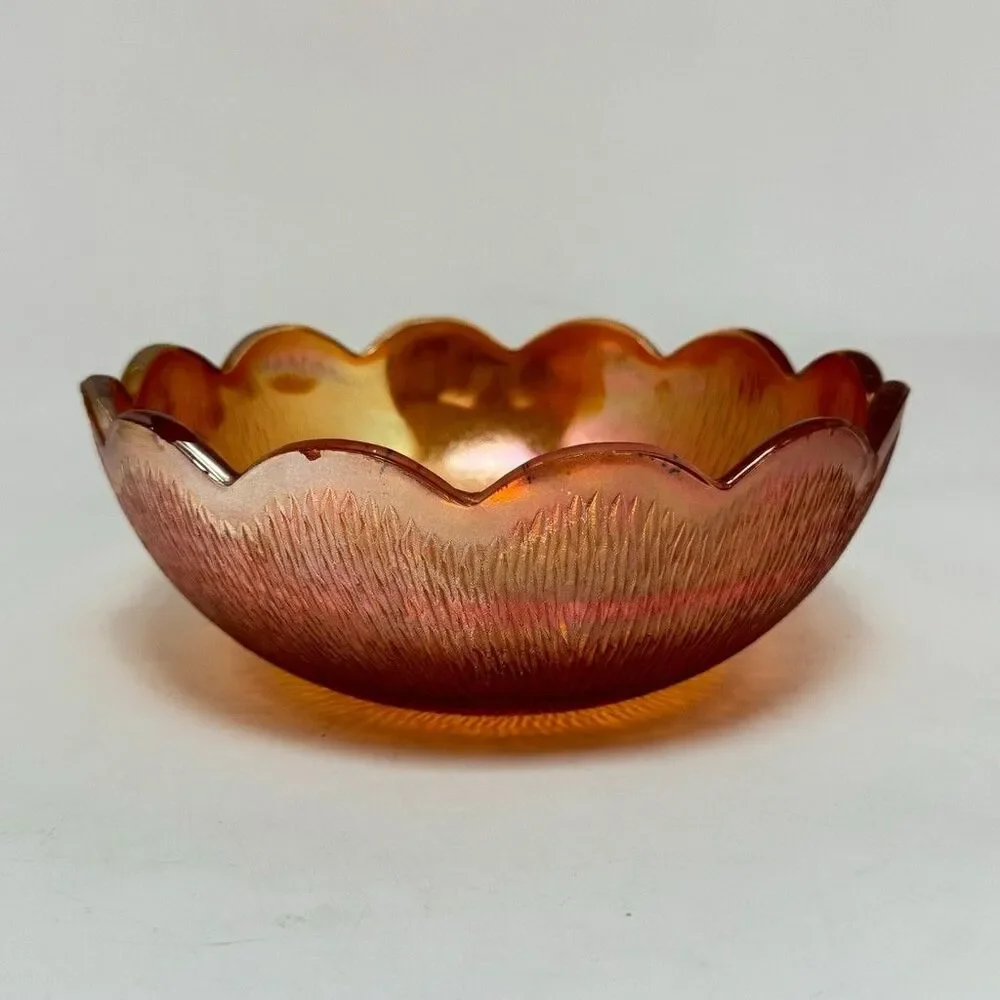 Vintage Jeanette Iridescent Orange Marigold Carnival Glass Scalloped Bowl